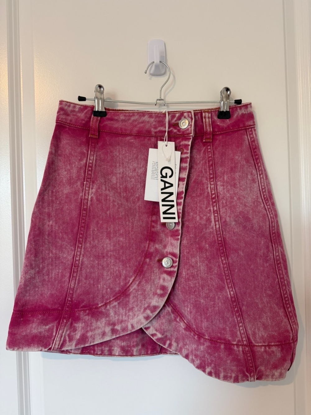 Ganni Washed Rose Pink Button-Front Denim Mini Skirt